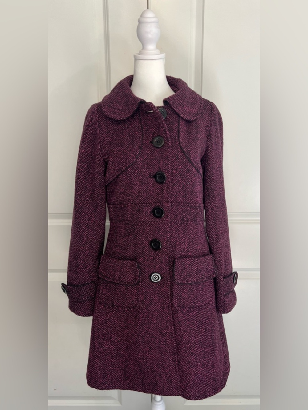 Nick and Mo for Anthropologie Plum Tweed 100% Wool Button-Front Pea Coat Sz M